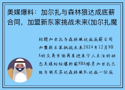 美媒爆料：加尔扎与森林狼达成底薪合同，加盟新东家挑战未来(加尔扎魔进战队)
