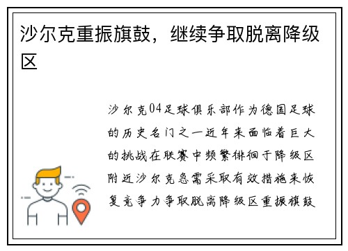 沙尔克重振旗鼓，继续争取脱离降级区