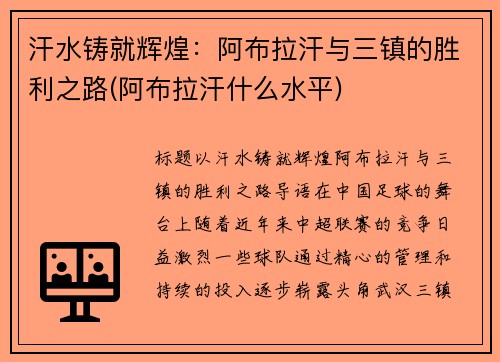 汗水铸就辉煌：阿布拉汗与三镇的胜利之路(阿布拉汗什么水平)