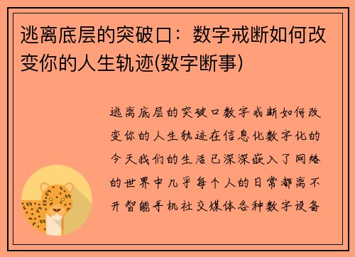 逃离底层的突破口：数字戒断如何改变你的人生轨迹(数字断事)