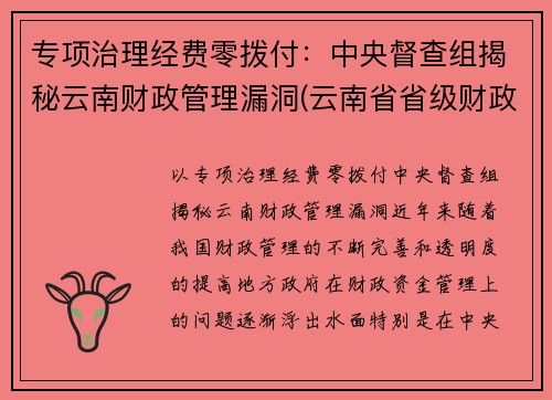 专项治理经费零拨付：中央督查组揭秘云南财政管理漏洞(云南省省级财政专项资金管理办法)