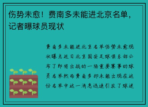 伤势未愈！费南多未能进北京名单，记者曝球员现状