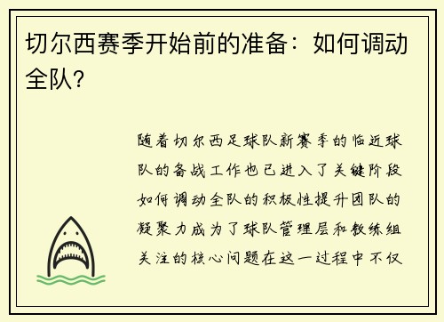 切尔西赛季开始前的准备：如何调动全队？