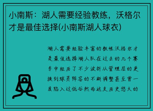小南斯：湖人需要经验教练，沃格尔才是最佳选择(小南斯湖人球衣)